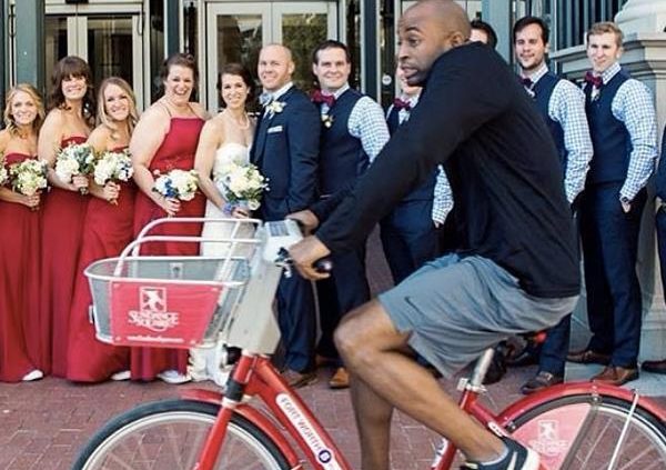 wedding, bike, bride, groom, photobomb, photo bomb, pictures