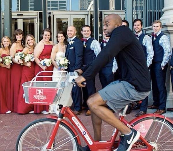 wedding, bike, bride, groom, photobomb, photo bomb, pictures
